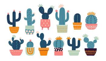 cactus set. Mexicaans cactus in pot. woestijn doornig plant, Mexico cactussen bloem en tropisch huis planten of Arizona zomer klimaat tuin cactussen. flora geïsoleerd vector stickers verzameling