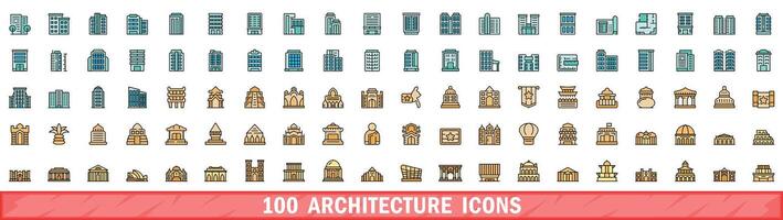 100 architectuur pictogrammen set, kleur lijn stijl vector