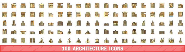 100 architectuur pictogrammen set, kleur lijn stijl vector