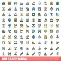 100 strand pictogrammen set, kleur lijn stijl vector
