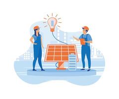 zonne- energie paneel installatie. veld- arbeider en project manager aangetoond systeem. duurzame ontwikkeling. vlak vector modern illustratie