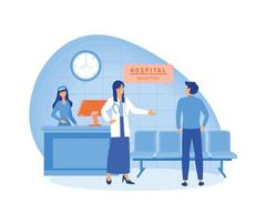 ziekenhuis receptioniste. glimlachen dokter, vrouw met prothese en receptioniste. ziekenhuis op bezoek komen, gelukkig arts en geduldig handdruk Bij voorkant bureau. vlak vector modern illustratie