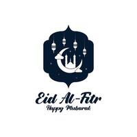 eid al fitr mubarak logo ontwerp met de concept van lantaarns en moskeeën. logo voor hartelijk groeten, vriendschap, moslims en viering vector