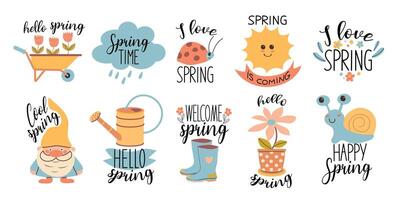 voorjaar set. Hallo voorjaar citaten set. voorjaar etiketten met seizoen schoonschrift citaten, bloemen, kransen. hand- getrokken vector illustratie.