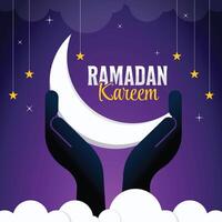 Ramadan maan in donker Purper lucht achtergrond, Ramadan mubarak, Ramadan kareem, typografie sjabloon. vector