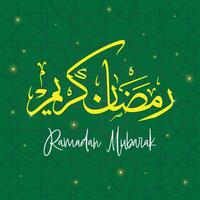 Ramadan kareem of Ramadhan mubarak groet, met groen achtergrond en Islamitisch symbool moskee met Arabisch kalligrafie, vector