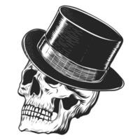 hand- getrokken schetsen van menselijk schedel in hoed cilinder. zwart en wit vector illustratie geïsoleerd Aan wit achtergrond. wijnoogst gravure van wrikken voor afdrukken, tatoeëren, stickers.