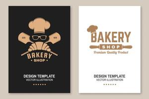 bakkerij winkel folder, brochure, banier, poster. vector ontwerp met croissant, brood schoppen, chef hoed en oren van tarwe silhouet. sjabloon voor bakkerij, restaurant identiteit voorwerpen, verpakking en menu