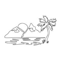 een doorlopend lijn zeegezicht met bergen, zee en palm boom, landschap logo vector