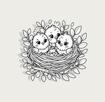 drie gelukkig kuikens genesteld samen in nest logo voor kinderen boeken, leerzaam materialen, lente-thema ambachten. gemakkelijk lijn kunst voor gemakkelijk kleur activiteiten. vector illustratie.