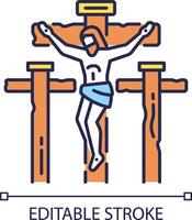 kruisiging van Jezus rgb kleur icoon. Jezus Christus stervende Aan kruis. mooi zo vrijdag. symbool van vertrouwen. christen geloof. geïsoleerd vector illustratie. gemakkelijk gevulde lijn tekening. bewerkbare beroerte