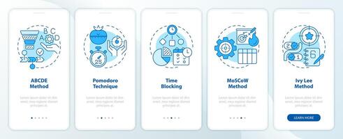 prioritering technieken blauw onboarding mobiel app scherm. walkthrough 5 stappen bewerkbare grafisch instructies met lineair concepten. ui, ux, gui sjabloon vector