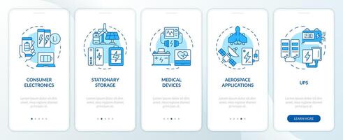 lithium batterijen bruikbaarheid blauw onboarding mobiel app scherm. walkthrough 5 stappen bewerkbare grafisch instructies met lineair concepten. ui, ux, gui sjabloon vector