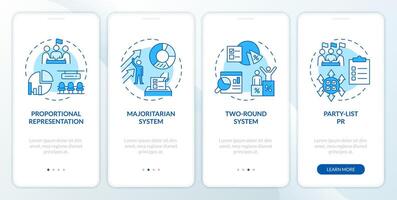 verkiezing systeem blauw onboarding mobiel app scherm. democratie stembiljetten. walkthrough 4 stappen bewerkbare grafisch instructies met lineair concepten. ui, ux, gui sjabloon vector