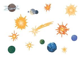 kosmisch ruimte doodles set. tekenfilm tekeningen van planeten, sterren, komeet. gemakkelijk astronomie gekleurde clip art. hand- getrokken vector illustratie geïsoleerd Aan wit.