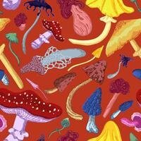 champignons naadloos patroon. ornament van gevarieerd giftig champignons. vector illustratie in modern stijl. abstract ontwerp voor behang, decor, wrap, achtergrond, textiel.