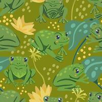 schattig kikkers, water lelie bladeren, moeras planten. abstract vector naadloos patroon. gekleurde tekenfilm ornament met dieren. grappig ontwerp voor afdrukken, kleding stof, textiel, achtergrond, behang, wrap, kaart, decor.