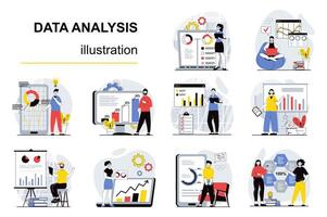 gegevens analyse concept met karakter situaties mega set. bundel van scènes mensen werken met statistieken en datum grafieken, maken rapporten Aan presentatie. vector illustraties in vlak web ontwerp