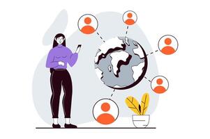 sociaal netwerk concept met mensen tafereel in vlak ontwerp voor web. vrouw krijgen contacten en Verbinden online met vrienden in globaal. vector illustratie voor sociaal media banier, afzet materiaal.