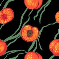 naadloos patroon van perziken in modern stijl. vector illustratie van vers smakelijk fruit met bladeren. helder hedendaags ornament. ontwerp voor decor, behang, achtergrond, textiel.