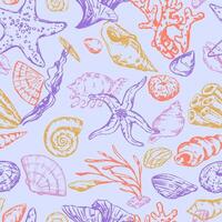 abstract zee ornament. schetsen van zeesterren, schelpen, stenen, zeewier, koraal. vector naadloos patroon van onderwater- leven. retro schets stijl ontwerp.