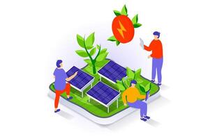 eco levensstijl concept in 3d isometrische ontwerp. mensen gebruik zonne- panelen station naar genereren schoon groen elektriciteit en opslaan planten en natuur. vector illustratie met isometrie tafereel voor web grafisch