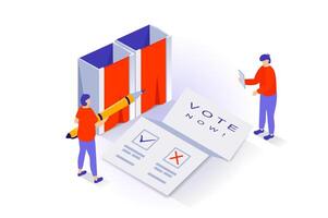 verkiezing en stemmen concept in 3d isometrische ontwerp. mensen stemmen Bij peiling station, tikken checkbox in papier het formulier voor gekozen politicus. vector illustratie met isometrie tafereel voor web grafisch