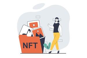 nft token concept met mensen tafereel in vlak ontwerp voor web. vrouw verzamelen niet fungibel token digitaal inhoud of artwork schilderen. vector illustratie voor sociaal media banier, afzet materiaal.