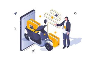 vervoer logistiek concept in 3d isometrische ontwerp. vrouw gebruik makend van levering koerier onderhoud voor karton dozen Verzending in scooter. vector illustratie met isometrische mensen tafereel voor web grafisch