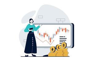 cryptogeld marktplaats concept met mensen tafereel in vlak ontwerp voor web. vrouw buying verschillend crypto munten en analyseren markt. vector illustratie voor sociaal media banier, afzet materiaal.