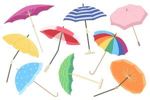 paraplu's mega reeks grafisch elementen in vlak ontwerp. bundel van Open parasols met verschillend kleuren en patronen, types van handvatten voor strand, regen en zonnig het weer. vector illustratie geïsoleerd voorwerpen