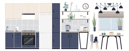 keuken interieur elementen bouwer mega reeks in vlak grafisch ontwerp. Schepper uitrusting met Koken inrichting, tafels, stoelen, planken, oven, fornuis, koelkast, huiselijk apparaat. vector illustratie.