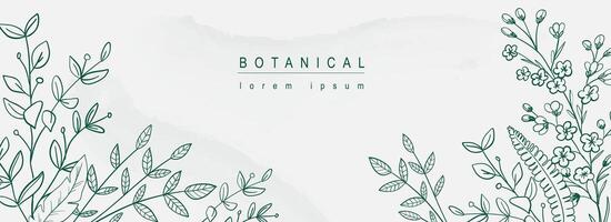 botanisch abstract achtergrond met bloemen lijn kunst ontwerp. horizontaal web banier in minimaal stijl met hand- getrokken bladeren, planten, bloeiend bloemen, verschillend twijgen en takken. vector illustratie.