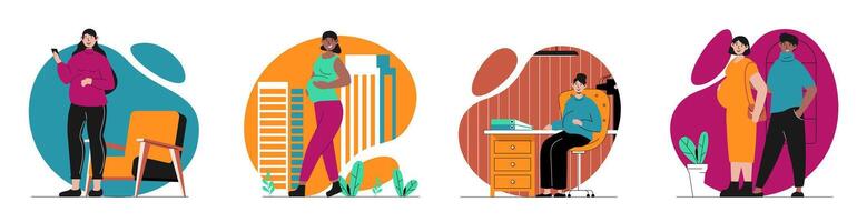 zwangerschap concept met mensen scènes reeks in vlak web ontwerp. bundel van karakter situaties met jong familie aan het wachten baby, moeders met zwanger buiken in dagelijks werkzaamheid. vector illustraties.
