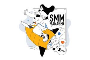 smm manager concept met mensen tafereel in vlak lijn ontwerp voor web. vrouw analyseren trends, creëren digitaal inhoud, bevorderen bloggen. vector illustratie voor sociaal media banier, afzet materiaal.