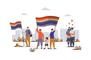 lgbtq concept met karakter tafereel voor web. homo's en lesbiennes paar Holding regenboog vlag en vieren trots festival. mensen situatie in vlak ontwerp. vector illustratie voor afzet materiaal.