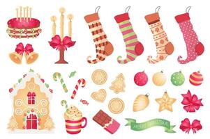 Kerstmis attributen mega reeks elementen in vlak ontwerp. bundel van taart, kaarsen, sokken, bellen, peperkoek koekjes, huis, cacao mok, speelgoed- ballen en ander. vector illustratie geïsoleerd grafisch voorwerpen