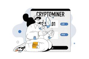 crypto mijnbouw concept met mensen tafereel in vlak lijn ontwerp voor web. vrouw mijnbouw bitcoins en cryptovaluta, handel in cyberruimte. vector illustratie voor sociaal media banier, afzet materiaal.