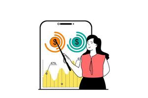 financiën concept met mensen tafereel in vlak web ontwerp. vrouw beheert financieel balans en controlerend begroting gebruik makend van gegevens diagram in app. vector illustratie voor sociaal media banier, afzet materiaal.