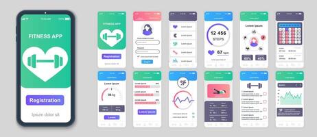 geschiktheid mobiel app schermen reeks voor web Sjablonen. pak van sport- lijst, stappen balie, wight of pulse informatie, oefening voortgang. ui, ux, gui gebruiker koppel uitrusting voor mobiele telefoon lay-outs. vector ontwerp
