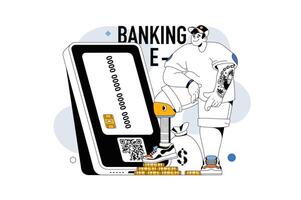 online bank concept met mensen tafereel in vlak lijn ontwerp voor web. Mens maakt online transactie met e-portemonnee of credit kaart in app. vector illustratie voor sociaal media banier, afzet materiaal.