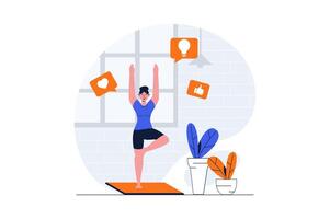 yoga asana's concept met karakter tafereel. vrouw beoefenen yoga houdingen, uitrekken en opleiding sterk lichaam. mensen situatie in vlak ontwerp. vector illustratie voor sociaal media afzet materiaal.