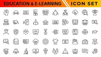 onderwijs en e-learning icoon set. online onderwijs icoon set. dun lijn pictogrammen set. afstand aan het leren. met video toelage, e-learning, online Cursus, audio Cursus, leerzaam website vector