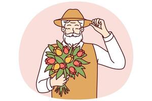 vrolijk ouderen Mens met baard houdt boeket van voorjaar bloemen accenten hoed in groet vector