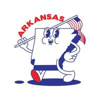 Arkansas staat retro mascotte met hand- en voet klem kunst. Verenigde Staten van Amerika kaart retro tekenfilm stickers met grappig grappig tekens en gehandschoende handen. vector sjabloon voor website, ontwerp, omslag, infographics.