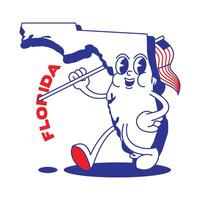 Florida staat retro mascotte met hand- en voet klem kunst. Verenigde Staten van Amerika kaart retro tekenfilm stickers met grappig grappig tekens en gehandschoende handen. vector sjabloon voor website, ontwerp, omslag, infographics.