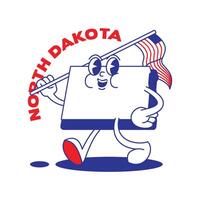 noorden dakota staat retro mascotte met hand- en voet klem kunst. Verenigde Staten van Amerika kaart retro tekenfilm stickers met grappig grappig tekens en gehandschoende handen. vector sjabloon voor website, ontwerp, omslag, infographics.