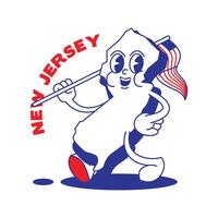 nieuw Jersey staat retro mascotte met hand- en voet klem kunst. Verenigde Staten van Amerika kaart retro tekenfilm stickers met grappig grappig tekens en gehandschoende handen. vector sjabloon voor website, ontwerp, omslag, infographics.