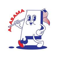 Alabama staat retro mascotte met hand- en voet klem kunst. Verenigde Staten van Amerika kaart retro tekenfilm stickers met grappig grappig tekens en gehandschoende handen. vector sjabloon voor website, ontwerp, omslag, infographics.