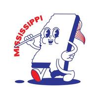 Mississippi staat retro mascotte met hand- en voet klem kunst. Verenigde Staten van Amerika kaart retro tekenfilm stickers met grappig grappig tekens en gehandschoende handen. vector sjabloon voor website, ontwerp, omslag, infographics.